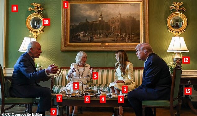 Pictured: 1. Ferdinand Richardt's painting of Independence Hall 2. Silver tea pots 3. Porcelain cups and saucers 4. Honey 5. Tiered cake stand 6. Menus 7. Silver strainers 8. Madeleines, finger sandwiches and cakes 9. Queen Camilla's £3,378 bag 10. Security detail in mirrors 11. Green silk wallpaper handpicked by Jackie Kennedy 12. Painted lamps 13. Federal-style furniture