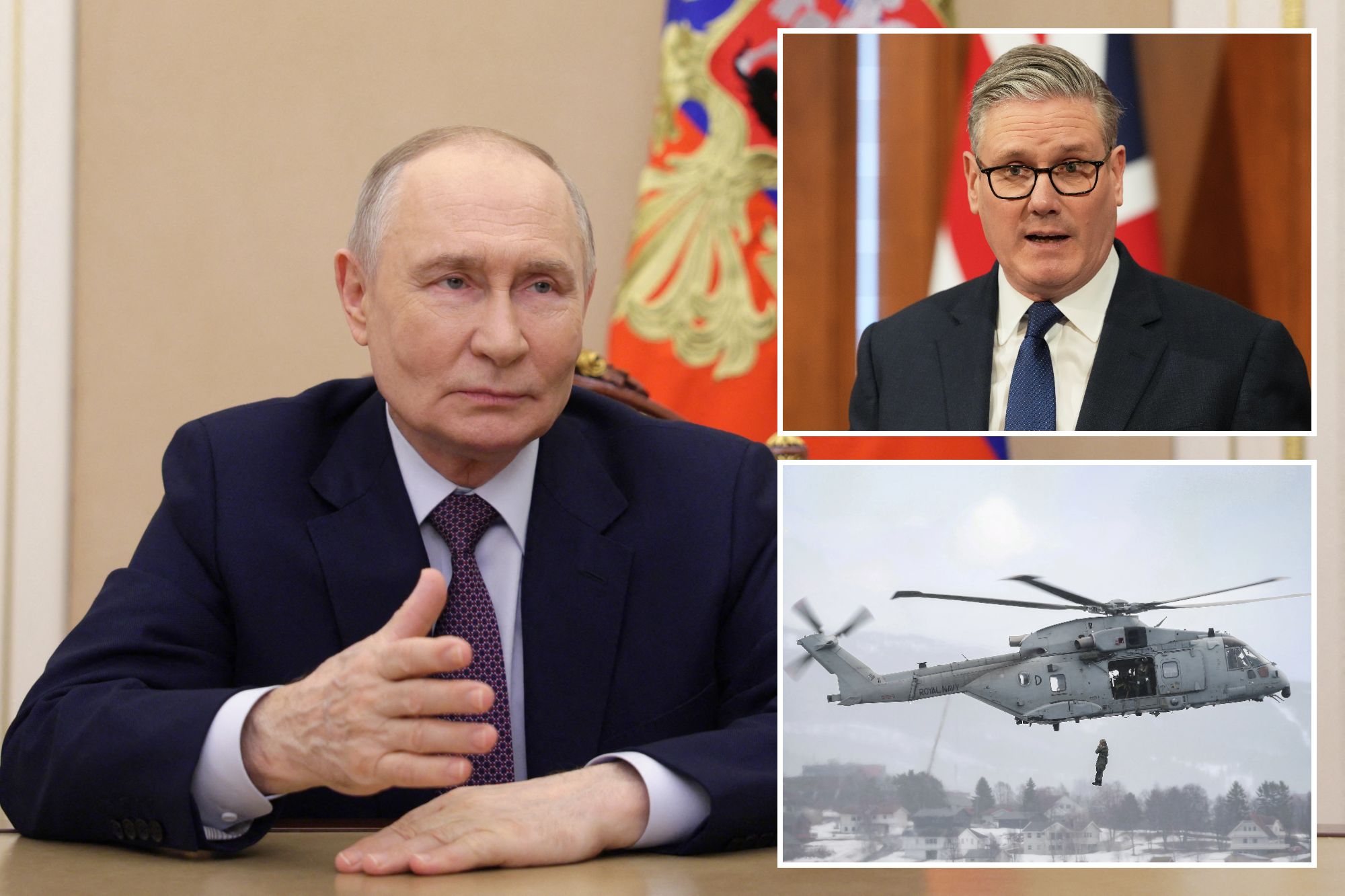 An image collage containing 3 images, Image 1 shows Russian President Vladimir Putin speaks at a video address, with a Russian flag behind him, Image 2 shows Middle East conflict, Image 3 shows Commandos drill chilly helicopter insertions amid rising Russian threats