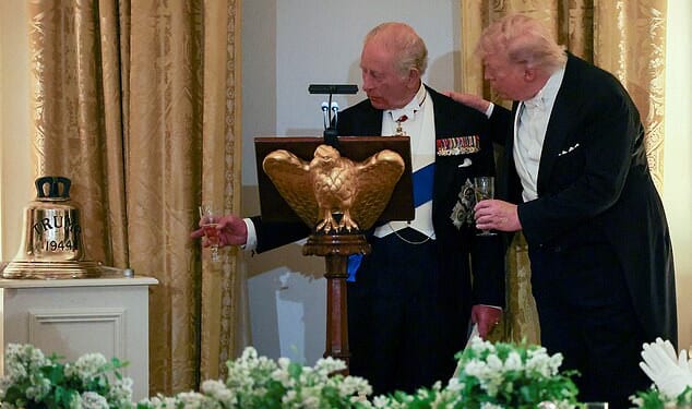 King Charles III presents US President Donald Trump with a large gold bell from HMS Trump