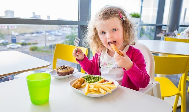 Battered fish and chips, fried chicken nuggets and jam doughnuts are set to be banned in school dinners in a major government overhaul (Stock image)