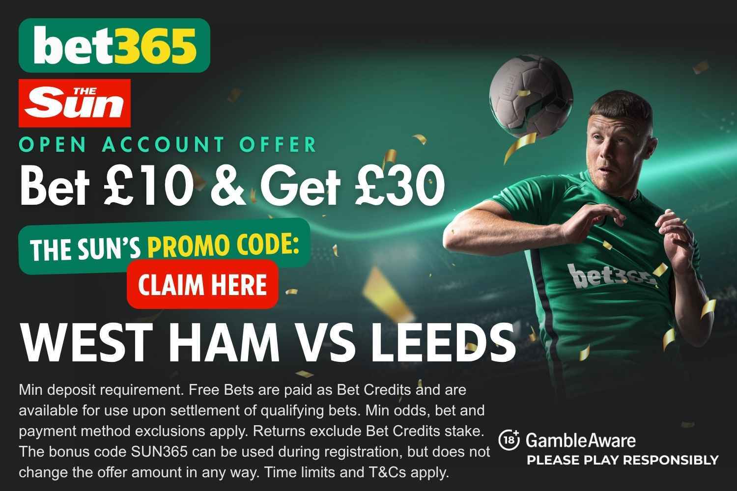 Illustration of a bet365 and The Sun open account offer for West Ham vs Leeds, with a male soccer player heading a ball.