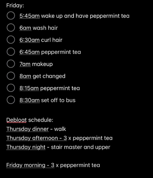 It appears the myriad of peppermint teas are all part of Georgia's 'debloating' mission, which also had a separate schedule