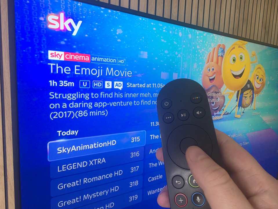A hand holding a remote control pointing at a TV screen displaying the Sky menu for "The Emoji Movie."