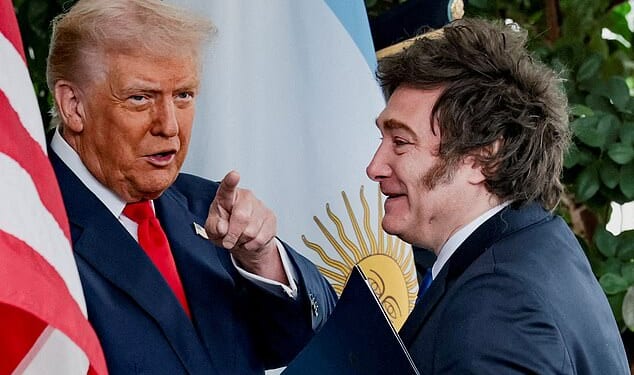 US President Donald Trump welcomes Argentina's President Javier Milei at the White House in October, 2025