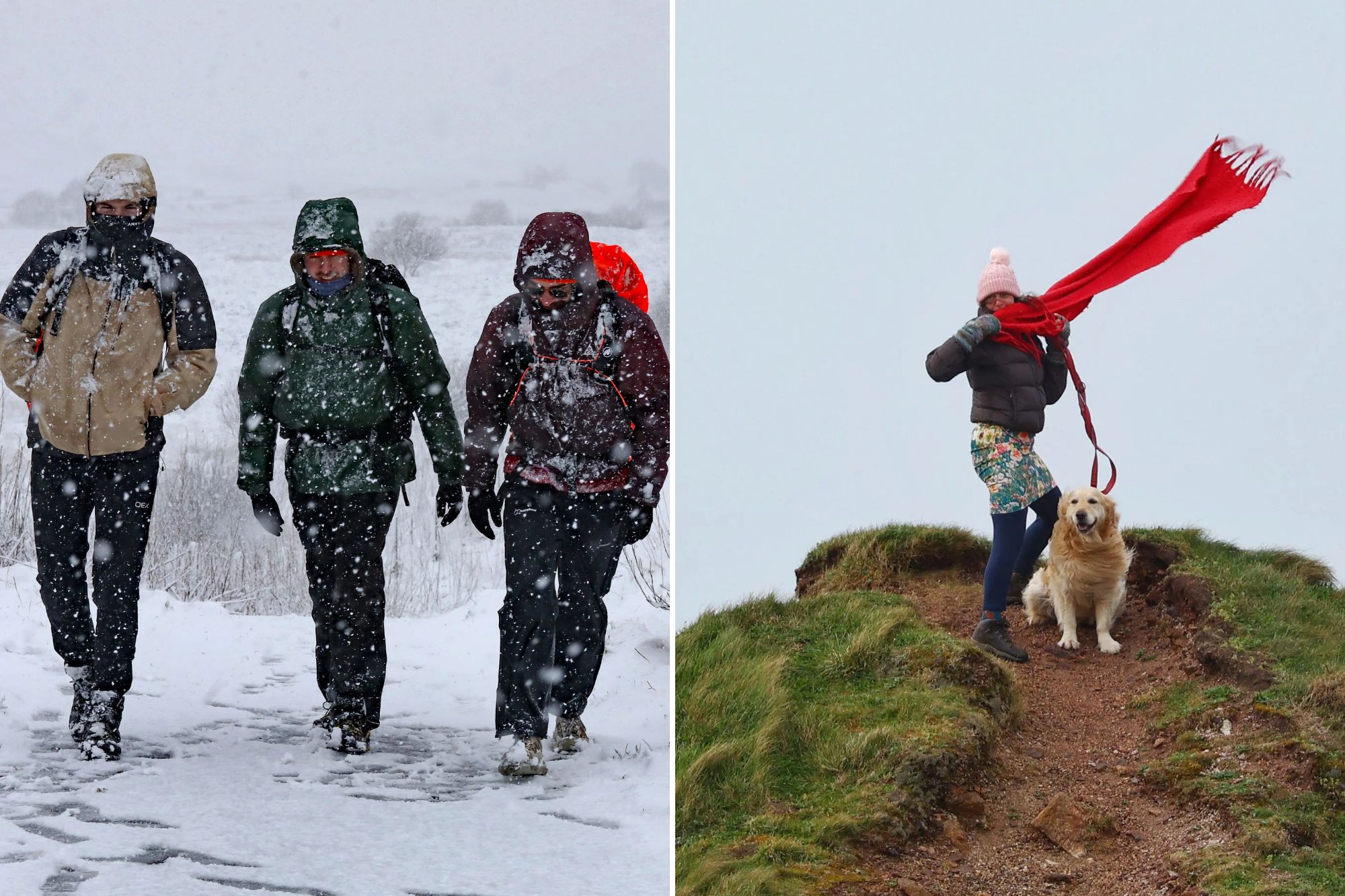 An image collage containing 2 images, Image 1 shows Three walkers in winter gear brave a blizzard at Dalwhinnie, Image 2 shows Raich Keene and her golden retriever "battle the elements" in Storm Dave winds in Trewellard, Cornwall