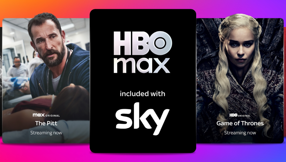 Collage showing HBO Max included with Sky, featuring "The Pitt" and "Game of Thrones".