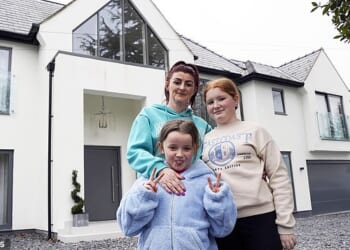 A struggling single mother-of-two teared up when a millionaire offered her £20,000 - and a job to work at his company - on an episode of Rich House, Poor House. Steph and her two daughters pictured in front of Joe's mansion