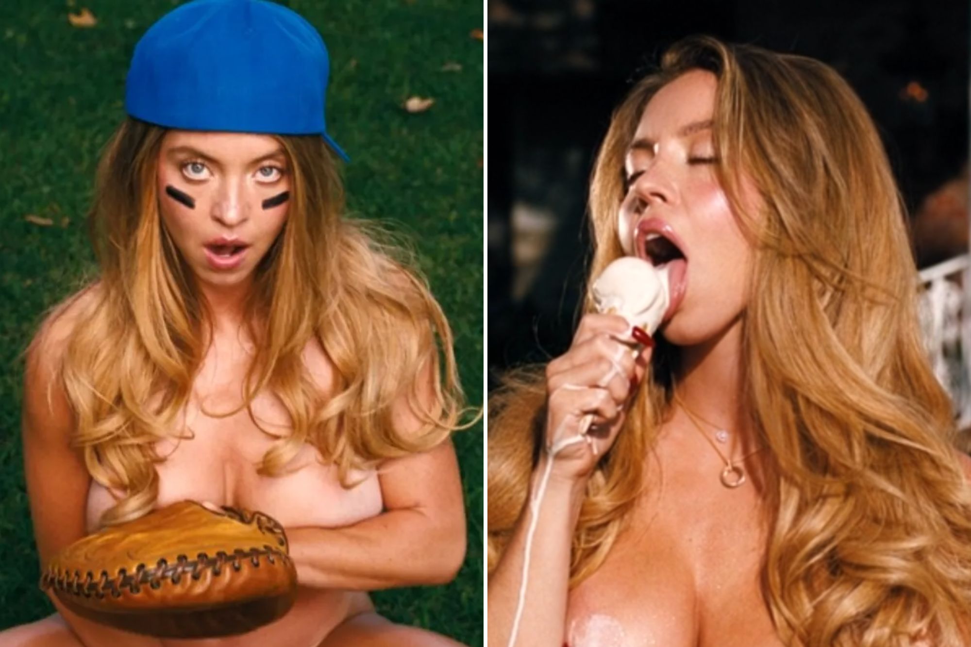 An image collage containing 2 images, Image 1 shows A woman in a blue baseball cap, nude with a baseball mitt covering her breasts, kneels on a grassy field, Image 2 shows A woman with long blonde hair and closed eyes licks melting ice cream off a cone