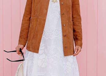 Jacket, Sézane. Dress, Beaumont Organic. Sunglasses, Saint Laurent. Pendant, Ysso. Bag, The Row. Shoes, Jil Sander