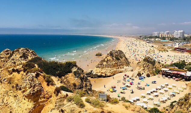 View of a crowded beach in the Algarve, Portugal