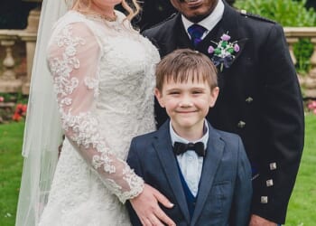 Charmain Speirs and Eric Adusah on their wedding day in 2014 with her son Isaac, then seven