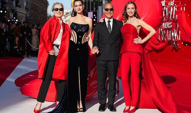 The cast of the Devil Wears Prada descended on London on Wednesday evening as they attended the European premiere for the hotly-anticipated sequel (L-R: Meryl Streep, Anne Hathaway, Stanley Tucci and Emily Blunt)