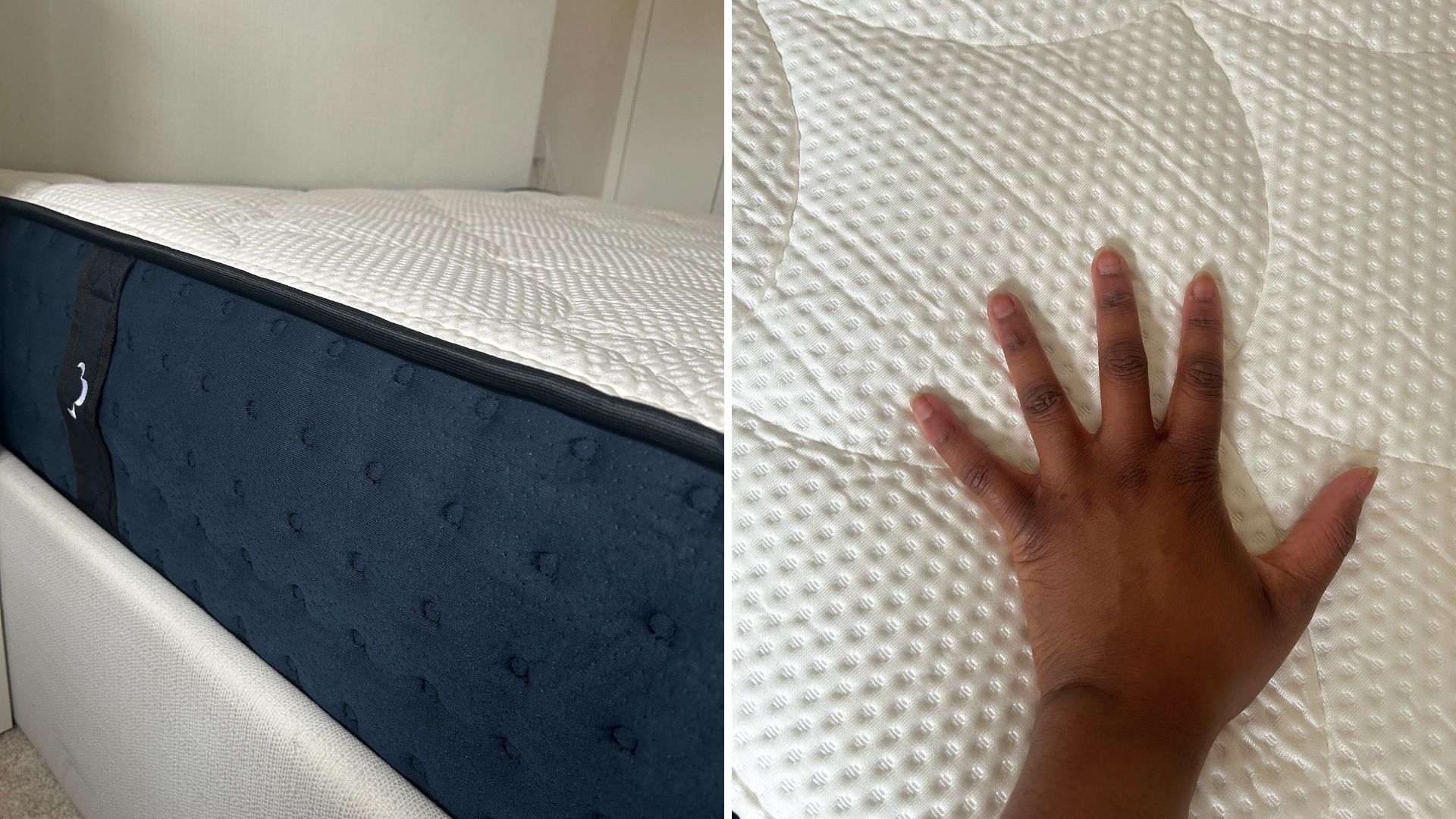 Collage of a DreamCloud mattress and a hand resting on its textured white surface.