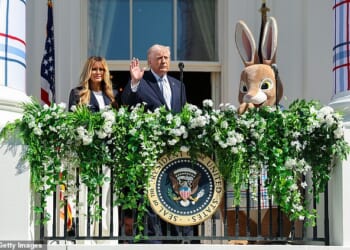 Donald Trump hailed the United States' military strength in Iran while standing next to a giant Easter Bunny on Monday, sending many on the internet into fits of laughter