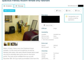 One of the ads in London is marketing a 'spacious friendly Muslim female only flatshare'