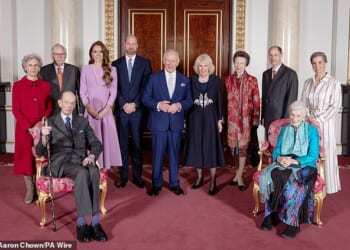 2026:(From left) The Duchess of Gloucester, the Duke of Gloucester, the Duke of Kent, the Princess of Wales, the Prince of Wales, King Charles III, Queen Camilla, the Princess Royal, the Duke of Edinburgh, Princess Alexandra and the Duchess of Edinburgh at Buckingham Palace in London