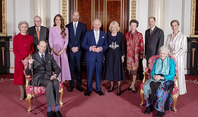 2026:(From left) The Duchess of Gloucester, the Duke of Gloucester, the Duke of Kent, the Princess of Wales, the Prince of Wales, King Charles III, Queen Camilla, the Princess Royal, the Duke of Edinburgh, Princess Alexandra and the Duchess of Edinburgh at Buckingham Palace in London