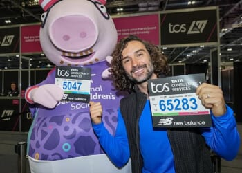 Joe Wicks and Daddy Pig collect their running bibs ahead of the 2026 TCS London Marathon
