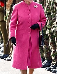 Queen Elizabeth II, dressed in pink, attends a review and presentation of leeks to soldiers of The Royal Welsh to mark St David's Day at Lucknow Barracks, Tidworth on March 1, 2007
