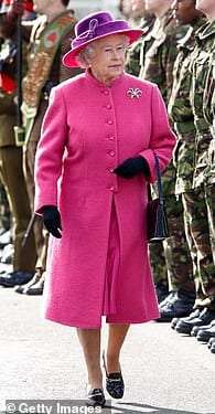 Queen Elizabeth II, dressed in pink, attends a review and presentation of leeks to soldiers of The Royal Welsh to mark St David's Day at Lucknow Barracks, Tidworth on March 1, 2007