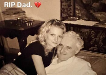Alice Evans has been left reeling after her father Professor David Evans, who was a distinguished academic and mathematician, passed away in March. Pictured: An old photograph of the pair together which she shared on social media after his death