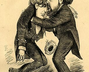 Caricature of Oscar being comforted by his brother Willie after the American failure of his play Vera