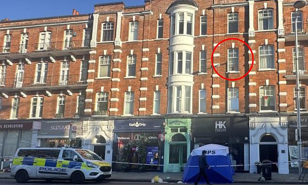 Cronin is believed to have fallen from a second-storey window on the King's Road in Chelsea (circled). Police are treating his death as 'unexpected'