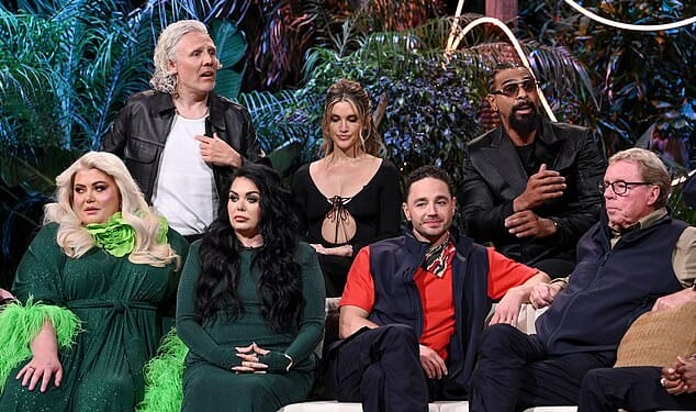 Left to right, Gemma Collins, Jimmy Bullard, Scarlett Moffatt, Ashley Roberts, Adam Thomas, David Haye and Harry Redknapp on I'm a Celebrity... Get me out of here! South Africa
