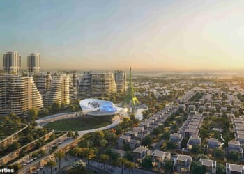 The proposed mini-city in the Dubai desert would house 40,000 people in flats, villas, mansions and a five-star hotel surrounded by landscaped gardens and lagoons