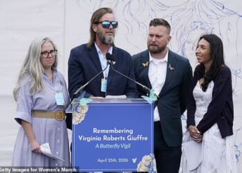 (L-R) Lanette Wilson, Danny Wilson, Sky Roberts, and Amanda Roberts speak during Remembering Virginia Roberts Giuffre: A Butterfly Vigil on April 25, 2026 in Washington, DC
