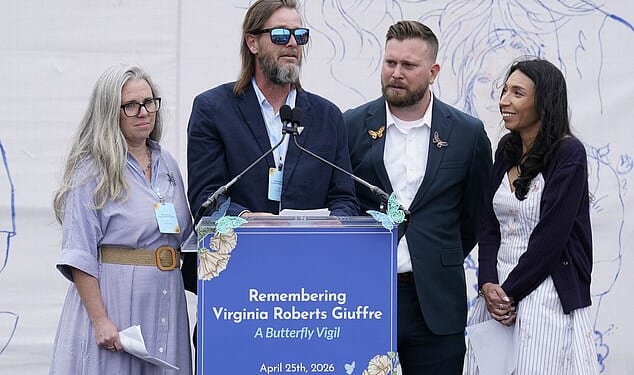 (L-R) Lanette Wilson, Danny Wilson, Sky Roberts, and Amanda Roberts speak during Remembering Virginia Roberts Giuffre: A Butterfly Vigil on April 25, 2026 in Washington, DC