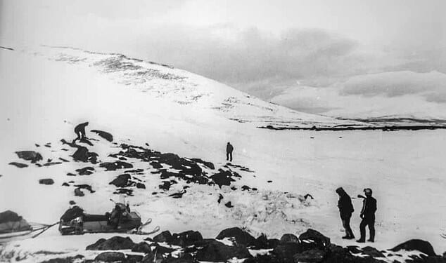 Pictured: The site where rescuers recovered the bodies of a group of cross-country skiers who got stuck in a snow blizzard