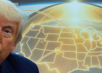 President Donald Trump speaks in front of a map of Trump's proposed "Golden Dome" missile defense system in the Oval Office at the White House on May 20, 2025, in Washington, D.C.