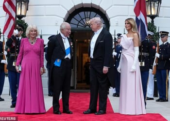 President Donald Trump and First Lady Melania Trump (right) greeted King Charles and Queen Camilla (left) on the South Lawn Tuesday night for the first state dinner of the President's second term