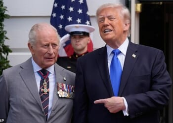 President Trump pointed at King Charles and called him 'the greatest King' as they posed for pictures outside the White House -- April 30, 2026