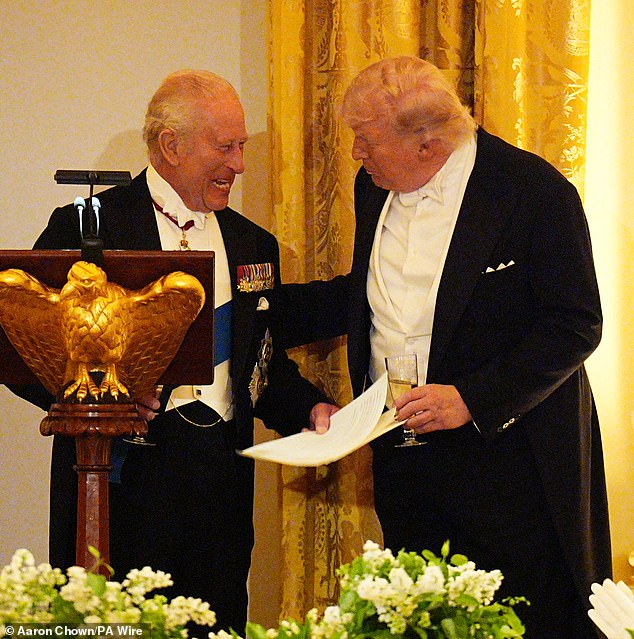 Right royal chuckle: King Charles and Mr Trump share a laugh at the White House state dinner, where the monarch filled his speech with jokes – including about the Boston Tea Party