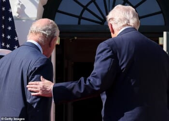 President Donald Trump patted King Charles on the shoulder as he urged his majesty inside - an apparent breach of royal protocol