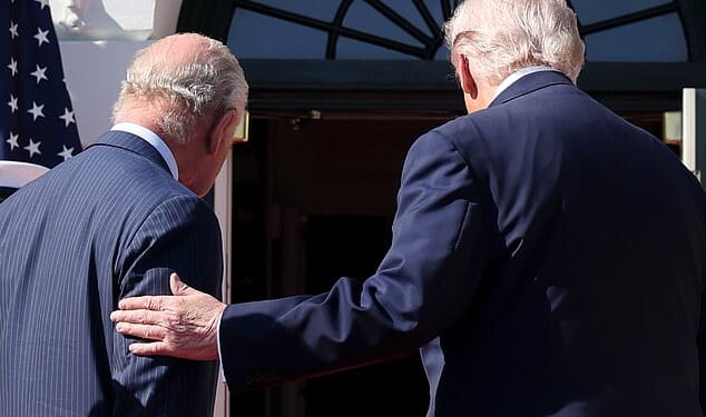 President Donald Trump patted King Charles on the shoulder as he urged his majesty inside - an apparent breach of royal protocol
