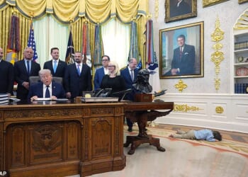 Travis Smith, 2, lies on the floor as President Donald Trump speaks during an event on health care affordability in the Oval Office at the White House, Thursday, April 23, 2026, in Washington