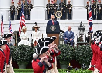 President Trump gave a speech welcoming King Charles and Queen Camilla to the US that also veered into some personal family tales about his parents and wife, Melania Trump
