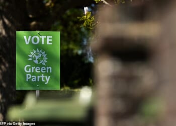 A poster for the Green Party is photographed this week before the local elections on May 7