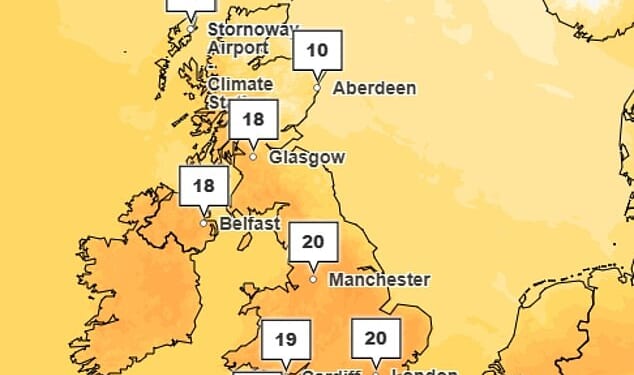 Forecasters are predicting strong sunshine and highs of 20C across the country on Thursday, with the warm weather set to stretch into the weekend