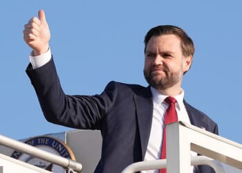 Vice President JD Vance gives a thumb up sign as he boards Air Force Two after attending talks on Iran in Islamabad, Pakistan, Sunday, April 12, 2026, . (AP Photo/Jacquelyn Martin, Pool)