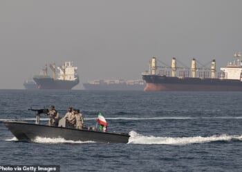The paramilitary IRGC maintains a separate fleet built for speed and flexibility to control the passage (Pictured: Iranian Navy soldiers at an armed speed boat in Persian Gulf near the strait of Hormuz)