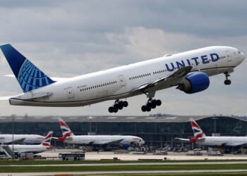 A United Airlines Boeing 777 takes off from Heathrow Airport on March 31, 2026, in London, England.