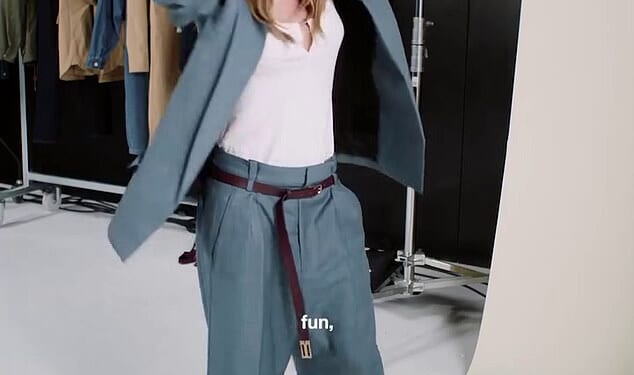 Victoria Beckham looked chic in a slouchy suit a she danced on the set of a photoshoot for her fast-selling GAP range on Tuesday