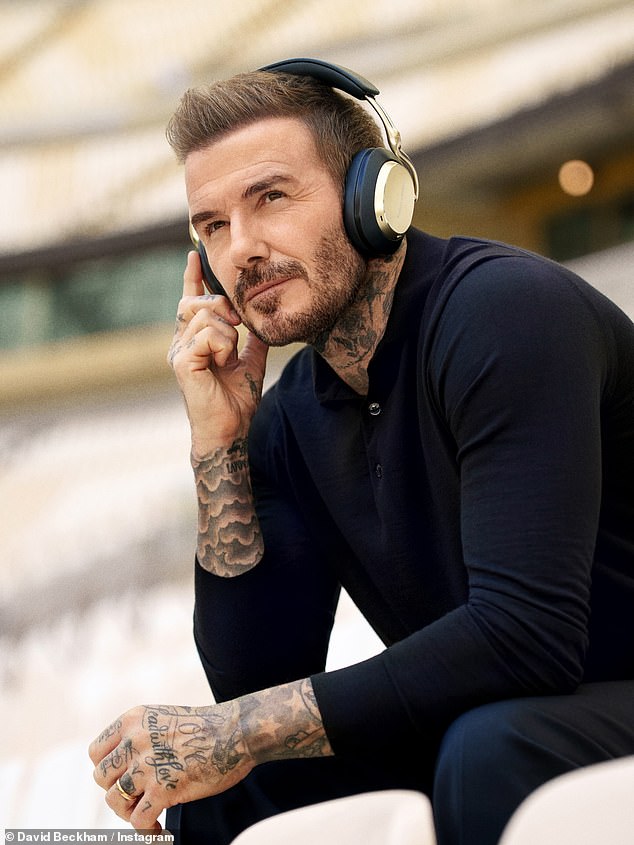 Elsewhere, her husband David, 50, posed for a photo as he launched his partnership with Bowers & Wilkins and modelled the latest colourway of their headphones