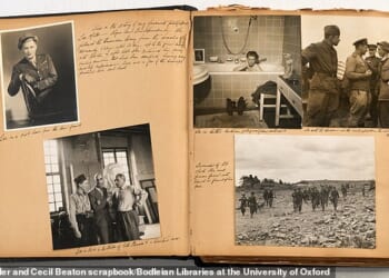 A new print of Miller in Nazi leader Adolf Hitler's bathtub in his vacant Munich apartment in April 1945, top right, and Miller with painter Pablo Picasso in his Paris studio, bottom left