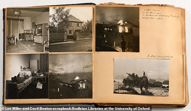 Shots from Miller's wartime photography, which she captioned, clockwise from top left: 'Hitler's sitting room, Eva Braun's house, Eva Braun's bed with [illegible] reading Mein Kampf, Eagle's Nest in flames'
