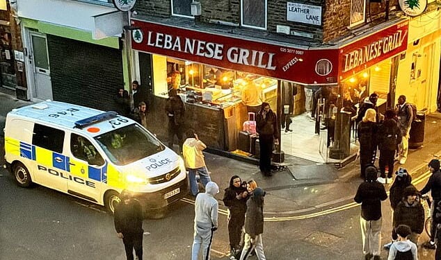 A police van is pictured as dozens of diners gather outside Lebanese Grill Express on Leather Lane in Camden, central London